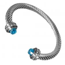 Stainless Steel Twisted Bangle w/ Aqua Crystal on Ends